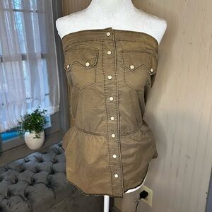Y2K True Religion Olive Green Strapless Cargo Button Front Top | Small